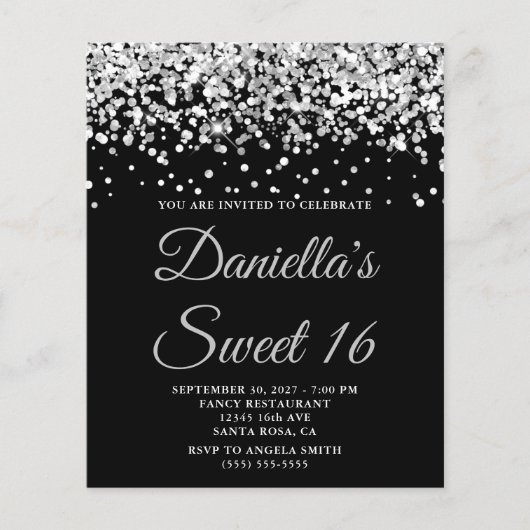 Budget Silver Glitter Black Sweet 16 Uitnodiging (Voorkant)