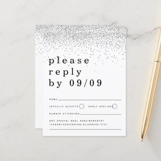 Budget Silver Glitter Confetti Wedding RSVP (Voorkant / Achterkant in situ)