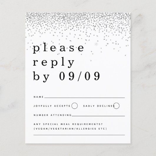 Budget Silver Glitter Confetti Wedding RSVP (Voorkant)