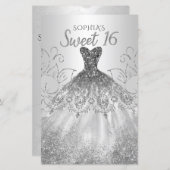 Budget Silver Glitter Dress Sweet 16 Uitnodiging (Voorkant / Achterkant)