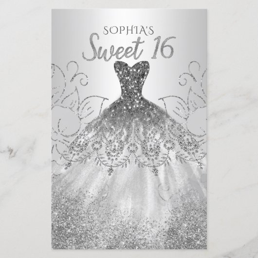 Budget Silver Glitter Dress Sweet 16 Uitnodiging (Voorkant)
