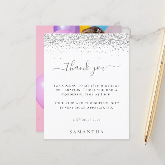 Budget Silver Glitter Foto Sweet 16 Hartelijk dank (Voorkant / Achterkant in situ)