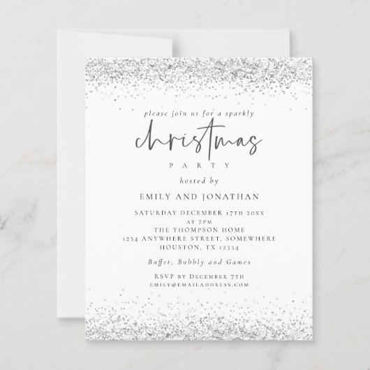 Budget Silver Glitter-kerstfeest White Invite (Voorkant)