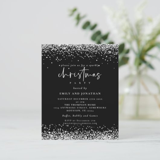 Budget Silver Glitter-kerstfeest - Zwarte uitnodig (Staand voorkant)