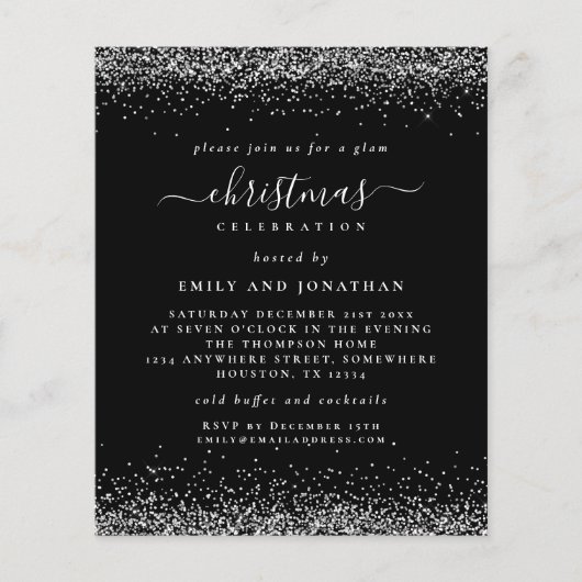 Budget Silver Glitter-kerstfeest - Zwarte uitnodig (Voorkant)