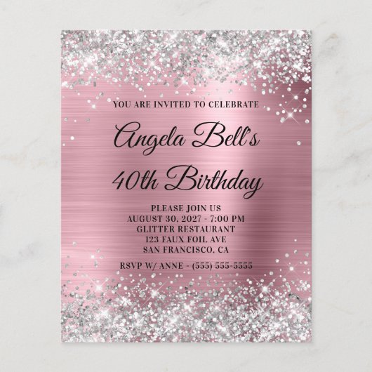 Budget Silver Glitter Pink 40th Birthday Invite (Voorkant)