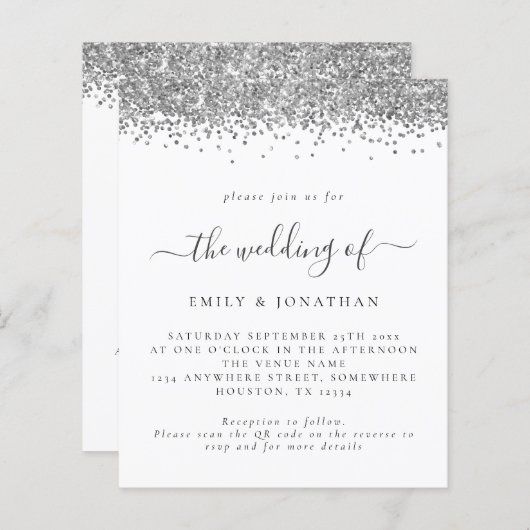 Budget Silver Glitter QR Code Weddenschap (Voorkant / Achterkant)