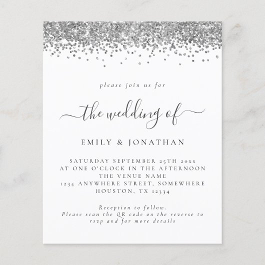 Budget Silver Glitter QR Code Weddenschap (Voorkant)