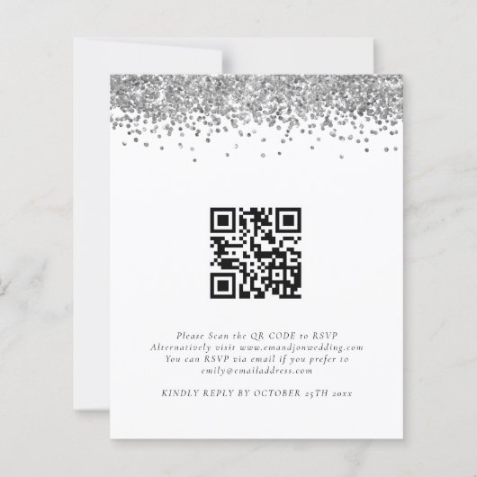 Budget Silver Glitter QR Code Weddenschap RSVP (Achterkant)