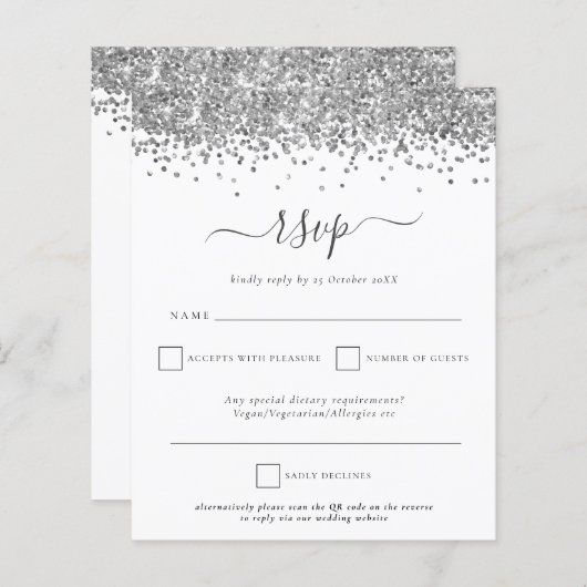 Budget Silver Glitter QR Code Weddenschap RSVP (Voorkant / Achterkant)