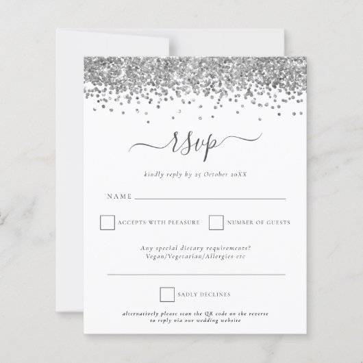 Budget Silver Glitter QR Code Weddenschap RSVP (Voorkant)