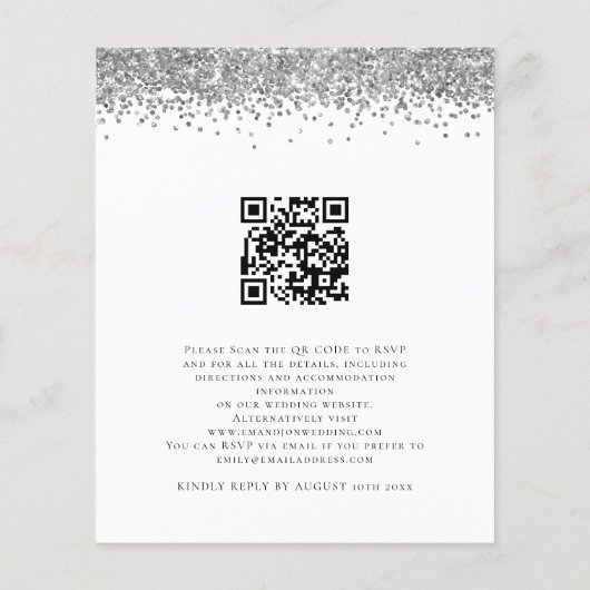 Budget Silver Glitter QR Code Weddenschap Uitnodig (Achterkant)