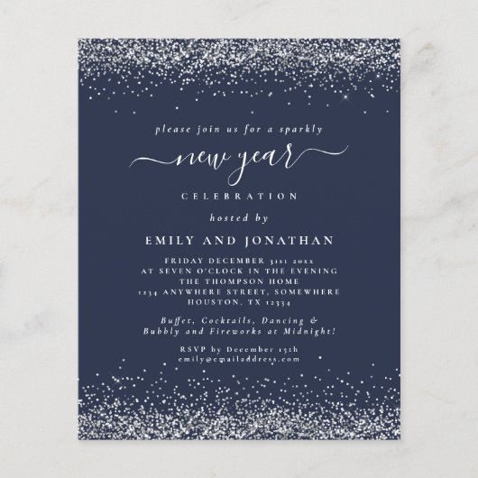 Budget Silver Glitter Script Blue New Yyears Party (Voorkant)