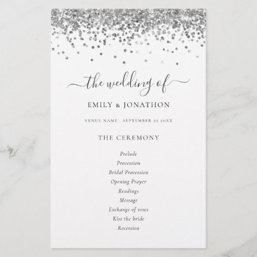 Budget Silver Glitter Script Weddenprogramma (Voorkant)