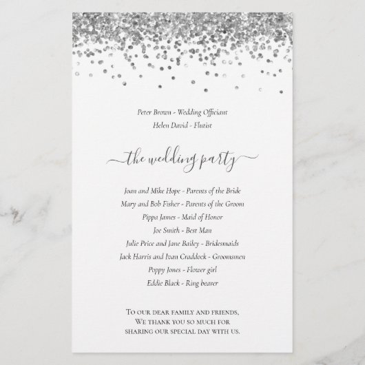 Budget Silver Glitter Script Weddenprogramma (Achterkant)
