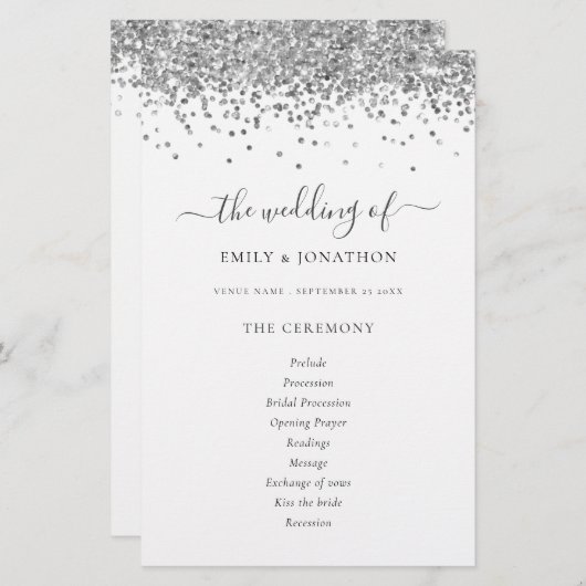 Budget Silver Glitter Script Weddenprogramma (Voorkant / Achterkant)