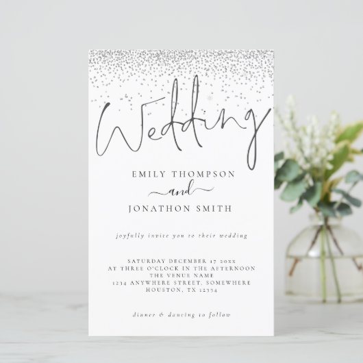 Budget Silver Glitter Script Weddenschappen Uitnod (Staand voorkant)