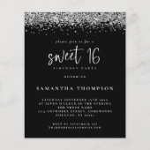 Budget Silver Glitter Sweet 16 Black Uitnodiging (Voorkant)