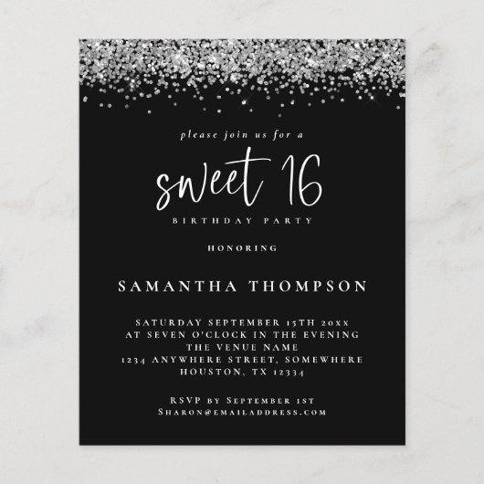 Budget Silver Glitter Sweet 16 Black Uitnodiging (Voorkant)