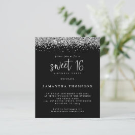 Budget Silver Glitter Sweet 16 Black Uitnodiging