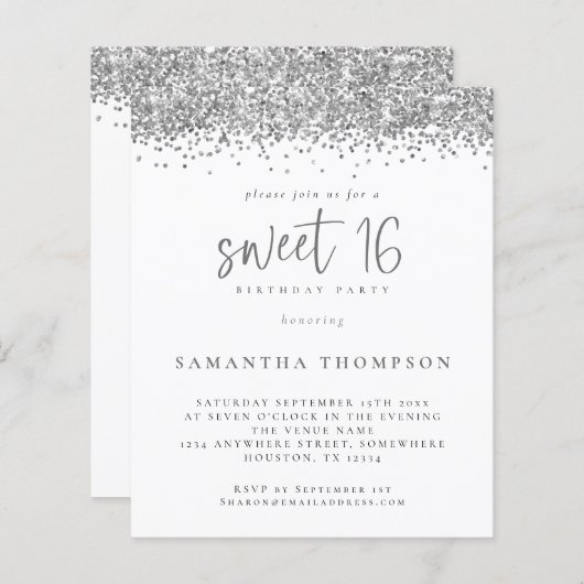 Budget Silver Glitter Sweet 16 Uitnodiging (Voorkant / Achterkant)