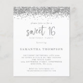 Budget Silver Glitter Sweet 16 Uitnodiging (Voorkant)