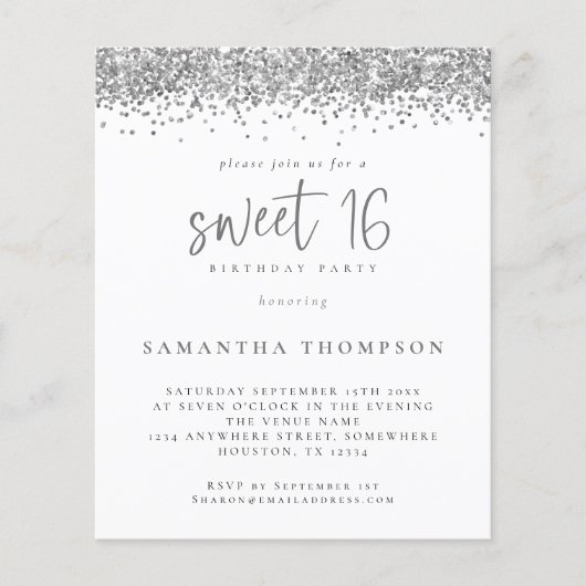 Budget Silver Glitter Sweet 16 Uitnodiging (Voorkant)