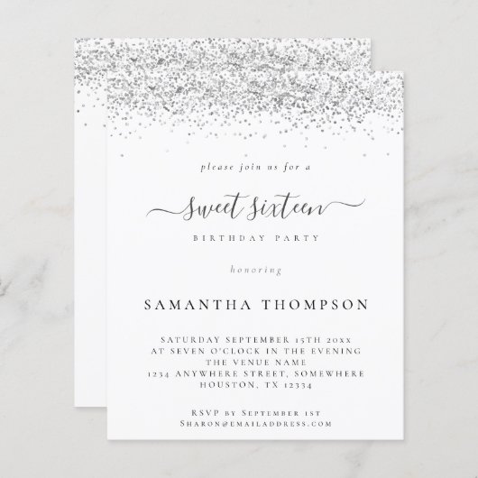 Budget Silver Glitter Sweet Sixteen Uitnodiging (Voorkant / Achterkant)