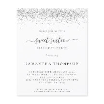 Budget Silver Glitter Sweet Sixteen Uitnodiging
