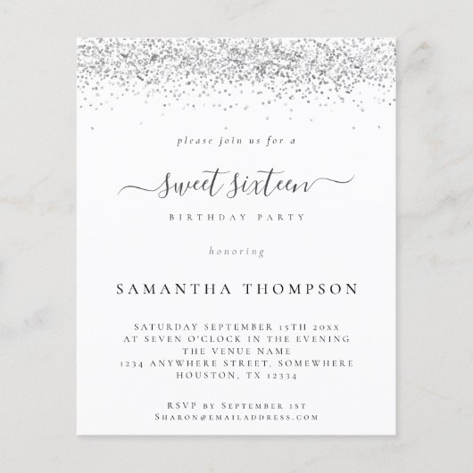 Budget Silver Glitter Sweet Sixteen Uitnodiging (Voorkant)