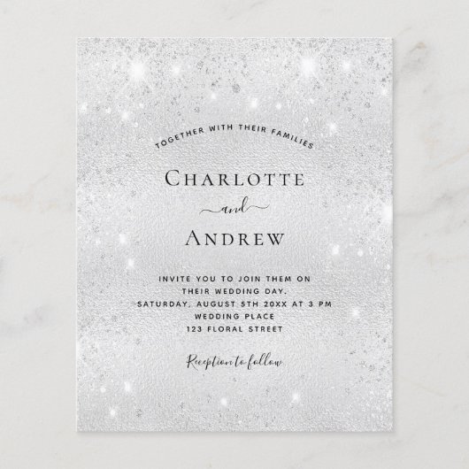 Budget Silver Glitter trouwuitnodiging RSVP (Voorkant)