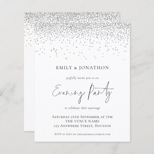 Budget Silver Glitter Wedding Evening Party nodigt (Voorkant / Achterkant)