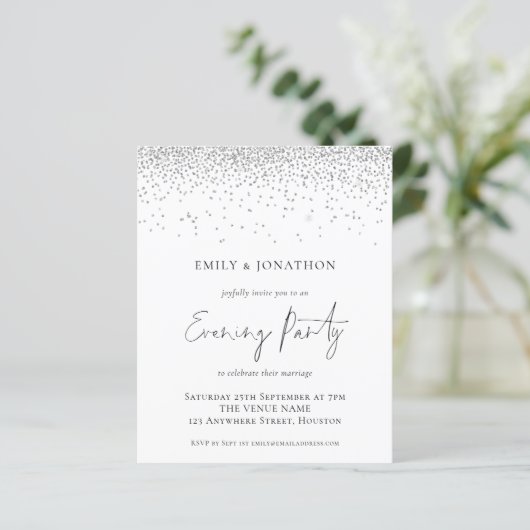 Budget Silver Glitter Wedding Evening Party nodigt (Staand voorkant)