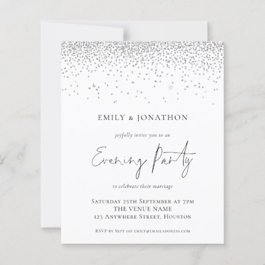 Budget Silver Glitter Wedding Evening Party nodigt (Voorkant)
