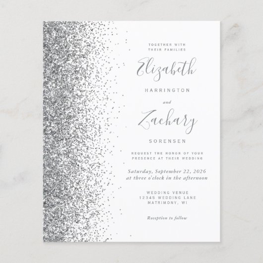 Budget Silver Glitter White Wedding Invitation (Voorkant)