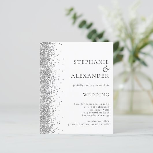 Budget Silver Glitter White Wedding Invitation (Staand voorkant)