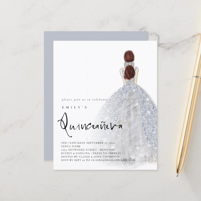 Budget Silver Gown Brunette Hair QR Quinceañera (Voorkant / Achterkant in situ)