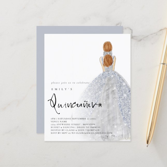 Budget Silver Gown Light Brown Hair QR Quinceañera (Voorkant / Achterkant in situ)