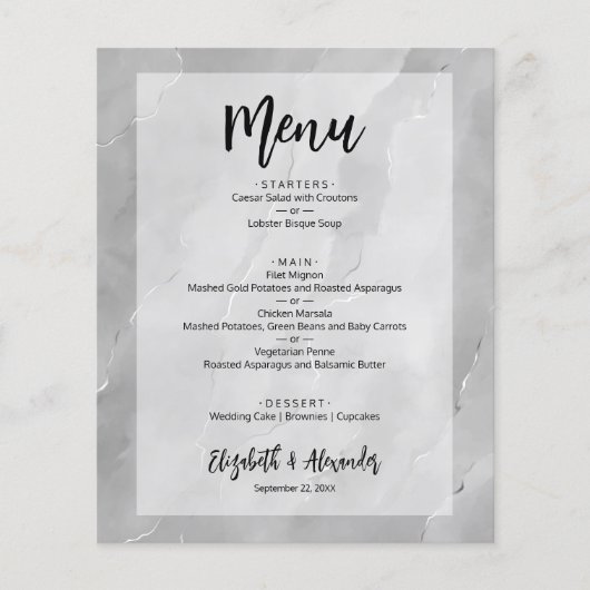 Budget Silver Gray Marble Wedding Menu (Voorkant)