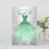 Budget Silver Green Dress Sweet 16 Uitnodiging (Staand voorkant)