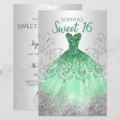 Budget Silver Green Dress Sweet 16 Uitnodiging (Voorkant / Achterkant)