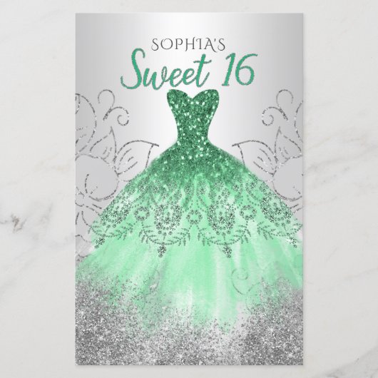 Budget Silver Green Dress Sweet 16 Uitnodiging (Voorkant)