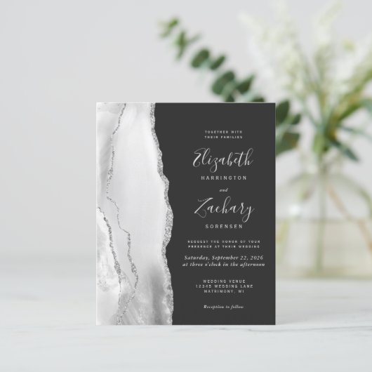 Budget Silver Grey Agate Dark Weduwen Uitnodiging (Staand voorkant)