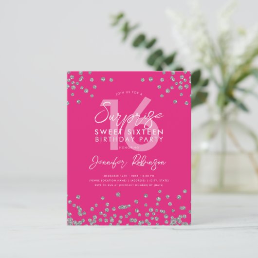 Budget Silver Hot Roze Confetti Sweet 16 Invite (Staand voorkant)