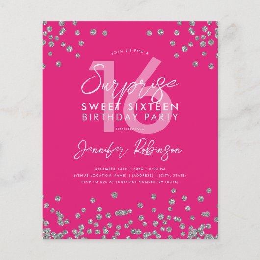 Budget Silver Hot Roze Confetti Sweet 16 Invite (Voorkant)