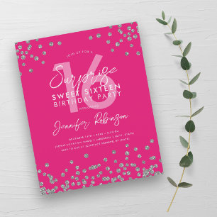 Budget Silver Hot Roze Confetti Sweet 16 Invite