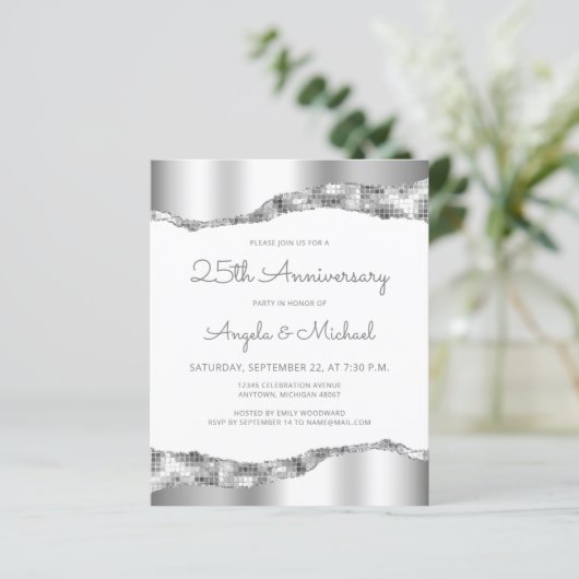 Budget Silver Mirror Foil 25th Anniversary Invite (Staand voorkant)