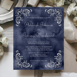 Budget Silver Navy Blue Wedding Uitnodiging