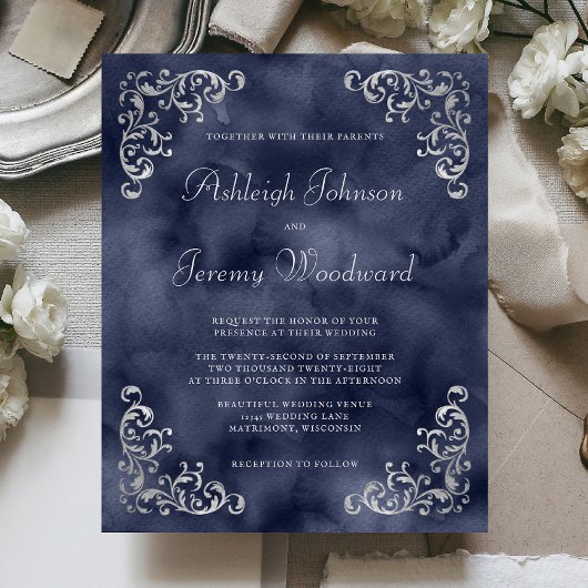 Budget Silver Navy Blue Wedding Uitnodiging