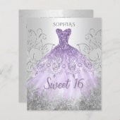 Budget Silver Paarse Dress Sweet 16 uitnodiging (Voorkant / Achterkant)